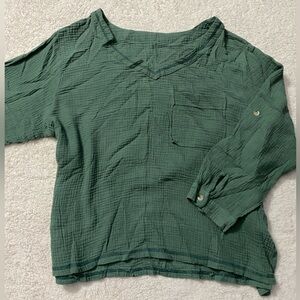 Green Women's Top Textured Blouse Peasant 3/4 Sleeve